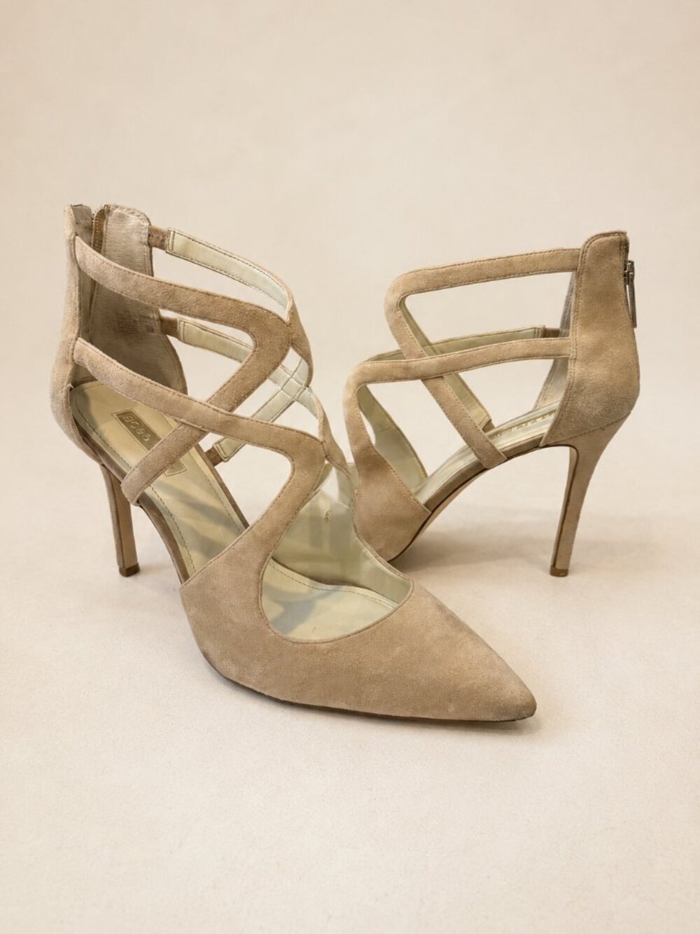 BCBG Generation Nude Suede Strappy Heels Size 12 / EU 42 Pointed Toe